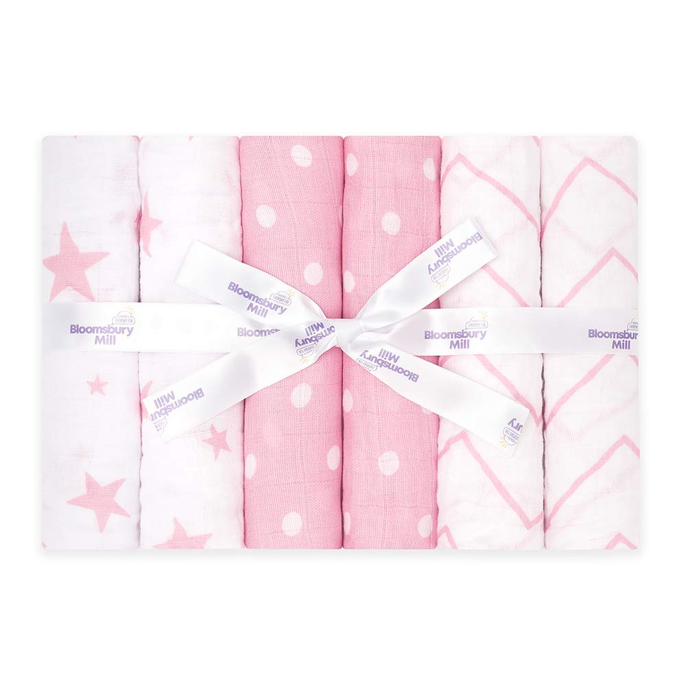 Bloomsbury Mill - Muslin Cloths for Baby - Soft 100% Organic Cotton Muslin Squares - Baby Muslins Pack of 6 - Large Burp Cloths - Baby Essentials For Newborn - Pink & White - 70x70cm