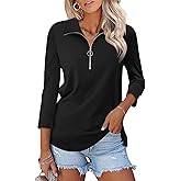 TICTICMISS Women's 3/4 Length Sleeve Tops Collared V Neck T Shirts Polo Zipper Summer Shirts