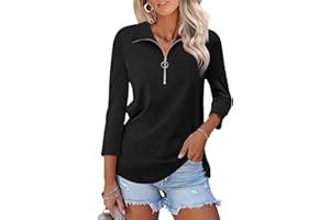 TICTICMISS Women's 3/4 Sleeve Tops V Neck T Shirts Zipper Solid/Color Block Collared Polo Shirts