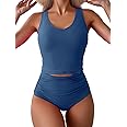 Eomenie Two Piece Tankini Swimsuits for Women Tummy Control Bathing Suits Cutout Back Swim Tank Top with High Waisted Bottom