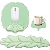 Keyboard Wrist Rest Set, Ergonomic Leaf Shape Mouse Pad with Wrist Rest, Green PU Leather Memory Foam Wrist Cushion Support,Suitable for Typing and Gaming