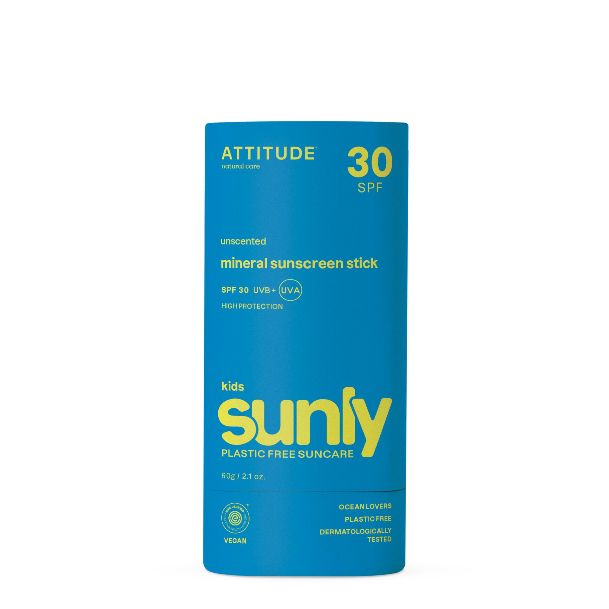 ATTITUDE Mineral Sunscreen Stick for Kids, SPF 30, EWG Verified, Plastic-Free, Broad Spectrum UVA/UVB Protection with Zinc Oxide, Dermatologically Tested, Vegan, Unscented, 60 g — image 1