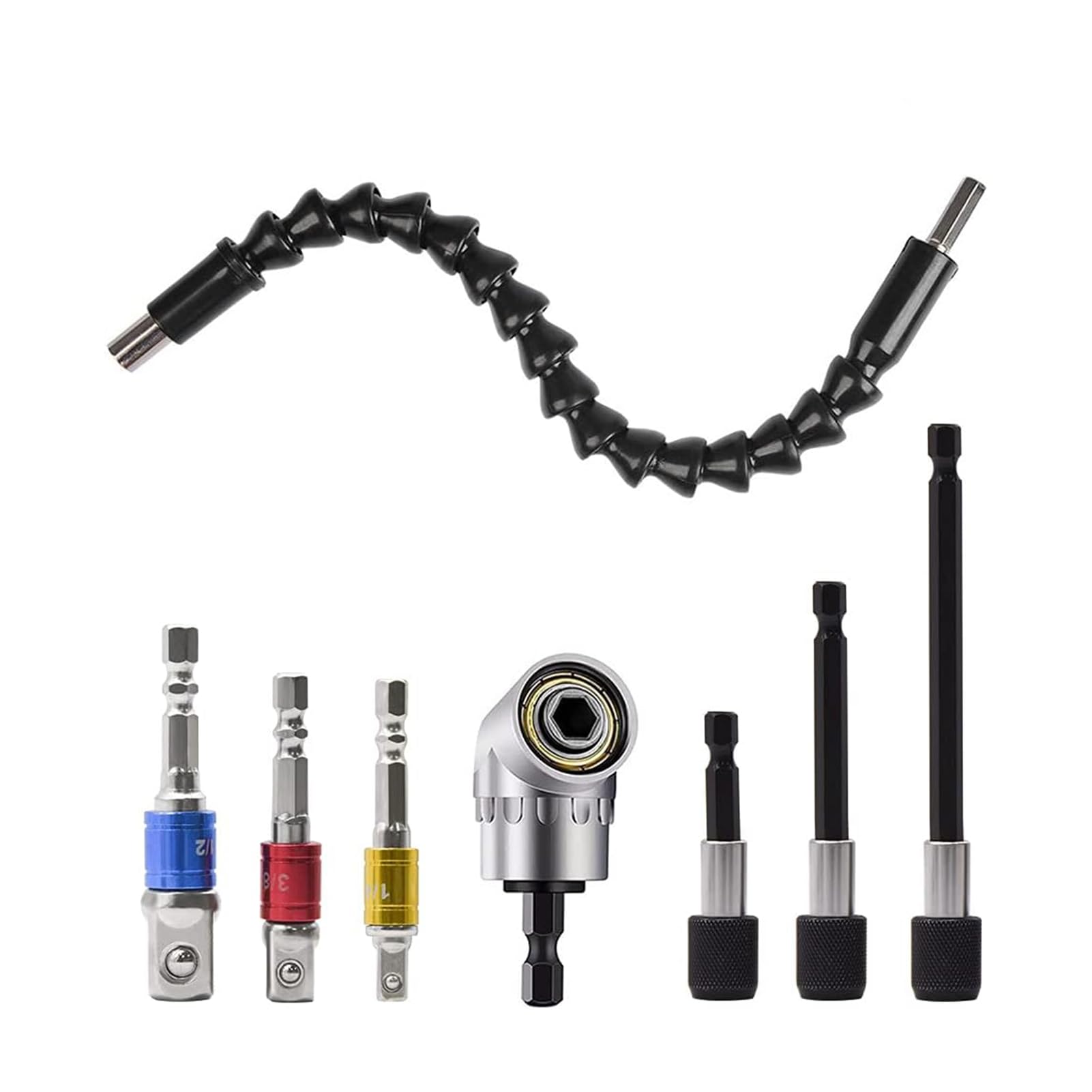105°Right Angle Drill Adapter,60mm/100mm/150mm 1/4 Inch Hex Shank Magnetic Screwdriver Bit Holder,1/4" 3/8" 1/2" Impact Driver Bits,28cm Flexible Drill Bit Extension Bar for Tight Corner Workspace