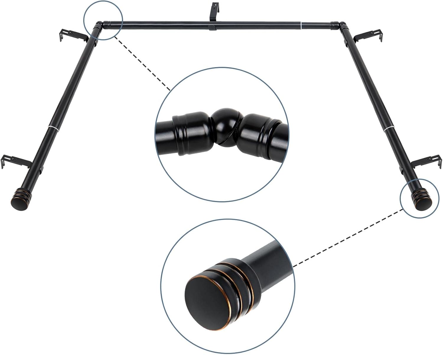 Window Treatment Hardware - HOTOZON 1 Inch Bay Window Curtain Rods, 36-72 Inch Telescoping Center Rod, 20-36 Inch Adjustable Side Rod Set, Black, End Cap Finials