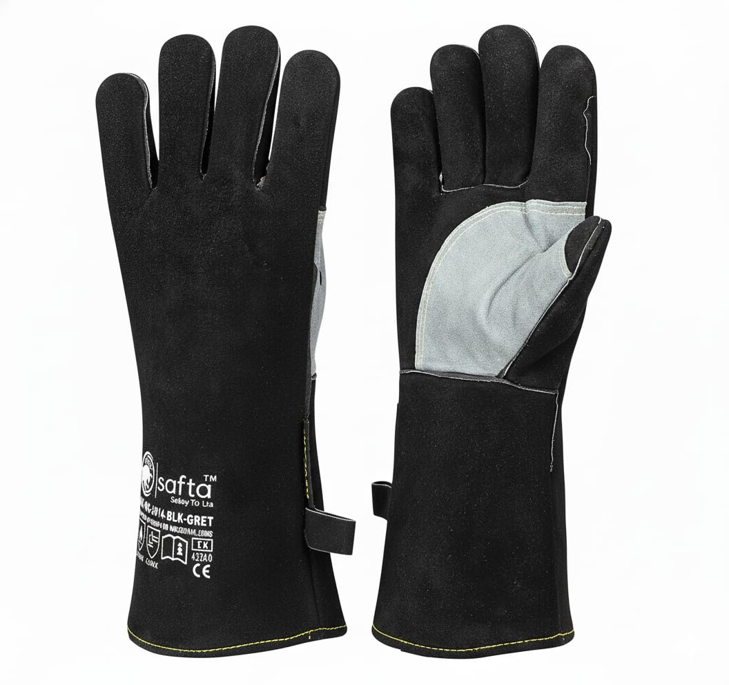 SAFTA Welding Gloves 14 Inch Heat Resistant Gauntlets, Cow Split Leather Work Gloves with Kevlar Stitching MIG TIG ARC BBQ Fireplace Forge Heavy Duty Protection Red Black (Black, 14 Inches)