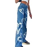 Women's High Waist Heart Print Wide Leg Loost Fit Vintage Boyfriend Jeans Teen Girls Streetwear Denim Pants