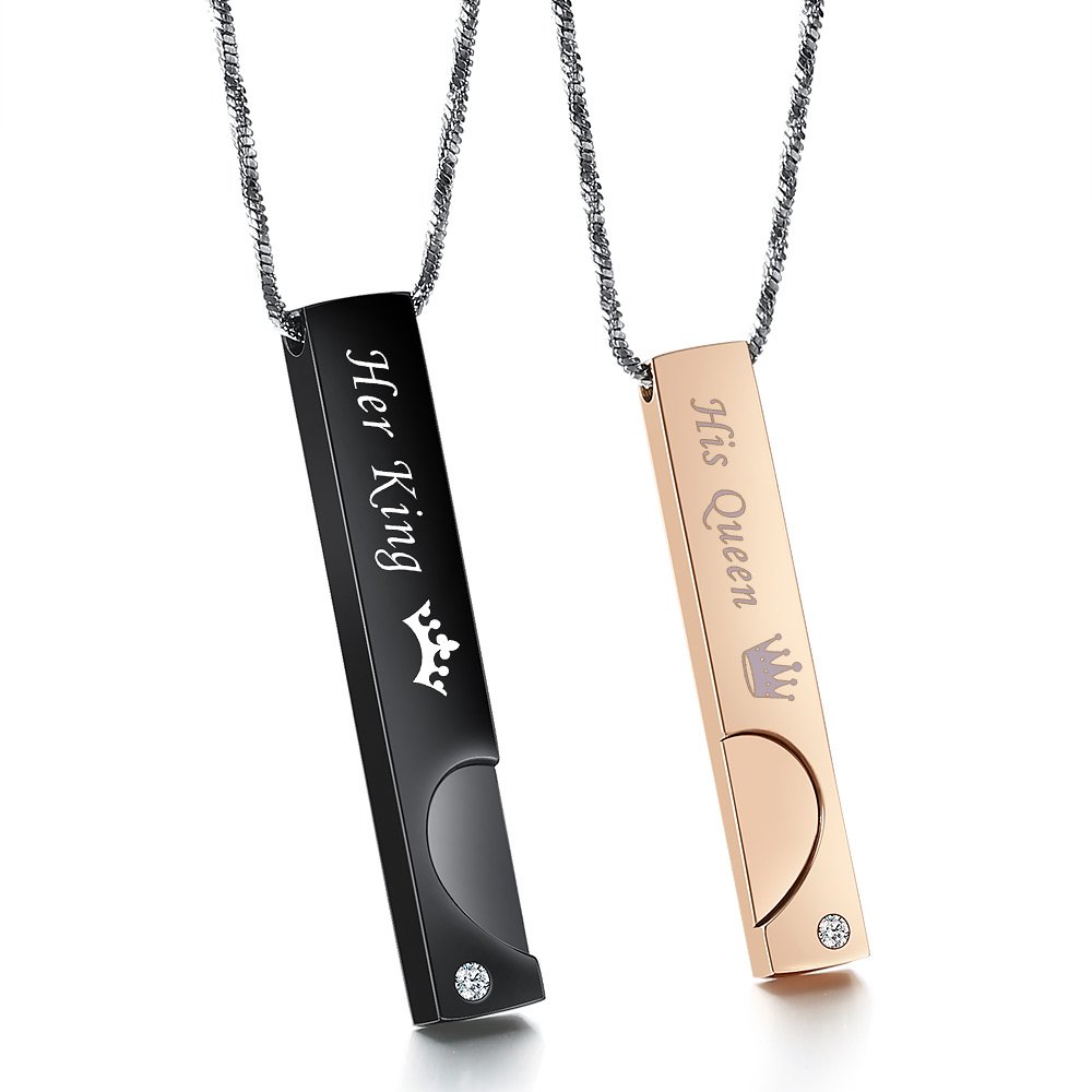 Gagafeel Couple Distance Relationship Bar Necklace His King Her Queen Heart Matching Set Stainless Steel Pendant Snake Chain (His Queen Her King)