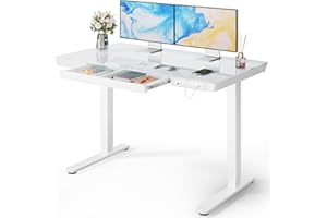 Marsail Glass Standing Desk with Drawer, 48 x 24 inch Electric Standing Desk, Height Adjustable Desk with One-Piece Tabletop & USB Charging Ports, Sit Stand Desk with Storage for Home & Office White
