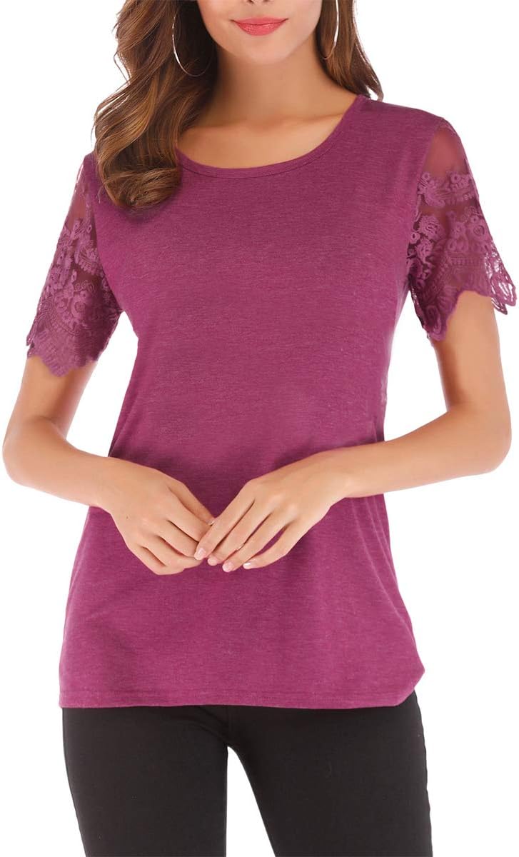 VINGLYXIE Womens Casual Lace Tops Scoop Neck Short Sleeve T-Shirts