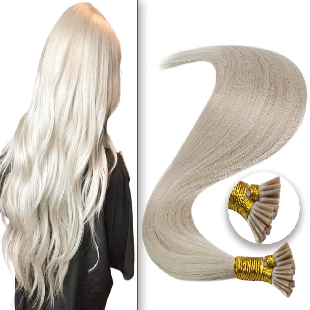 JoYoung Cold Fusion Human Hair I Tip Extensions #60 Platinum Blonde Stick Tip Human Hair Extensions 50 Strands Pre Bonded Remy Straight Itip Hair Extensions 50g/pack 18inch