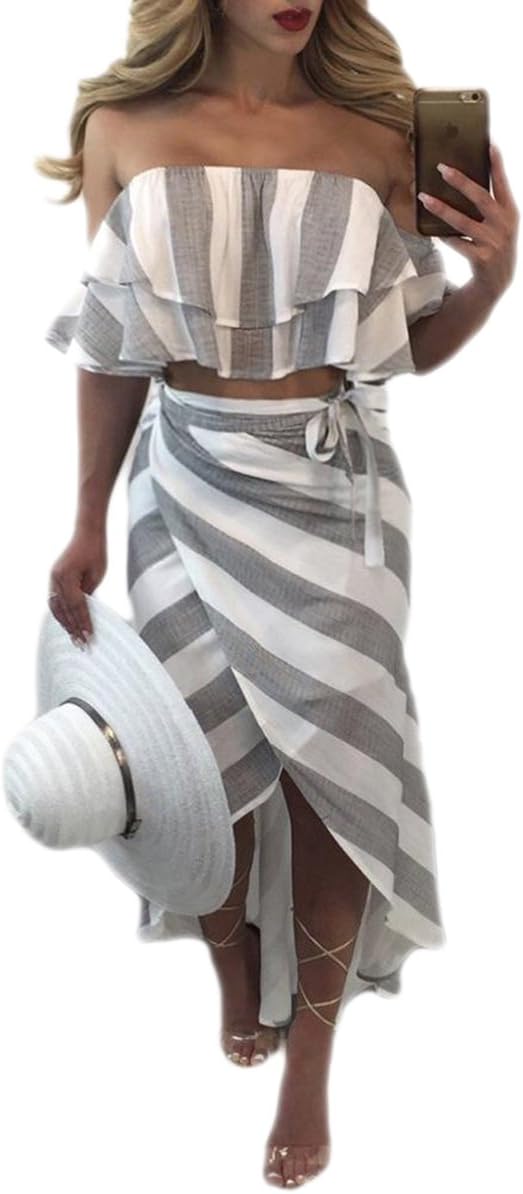 Weing Summer Women 2 Piece Set Fashion Stripe Print Sexy T-Shirt + Irregular Skirt Casual