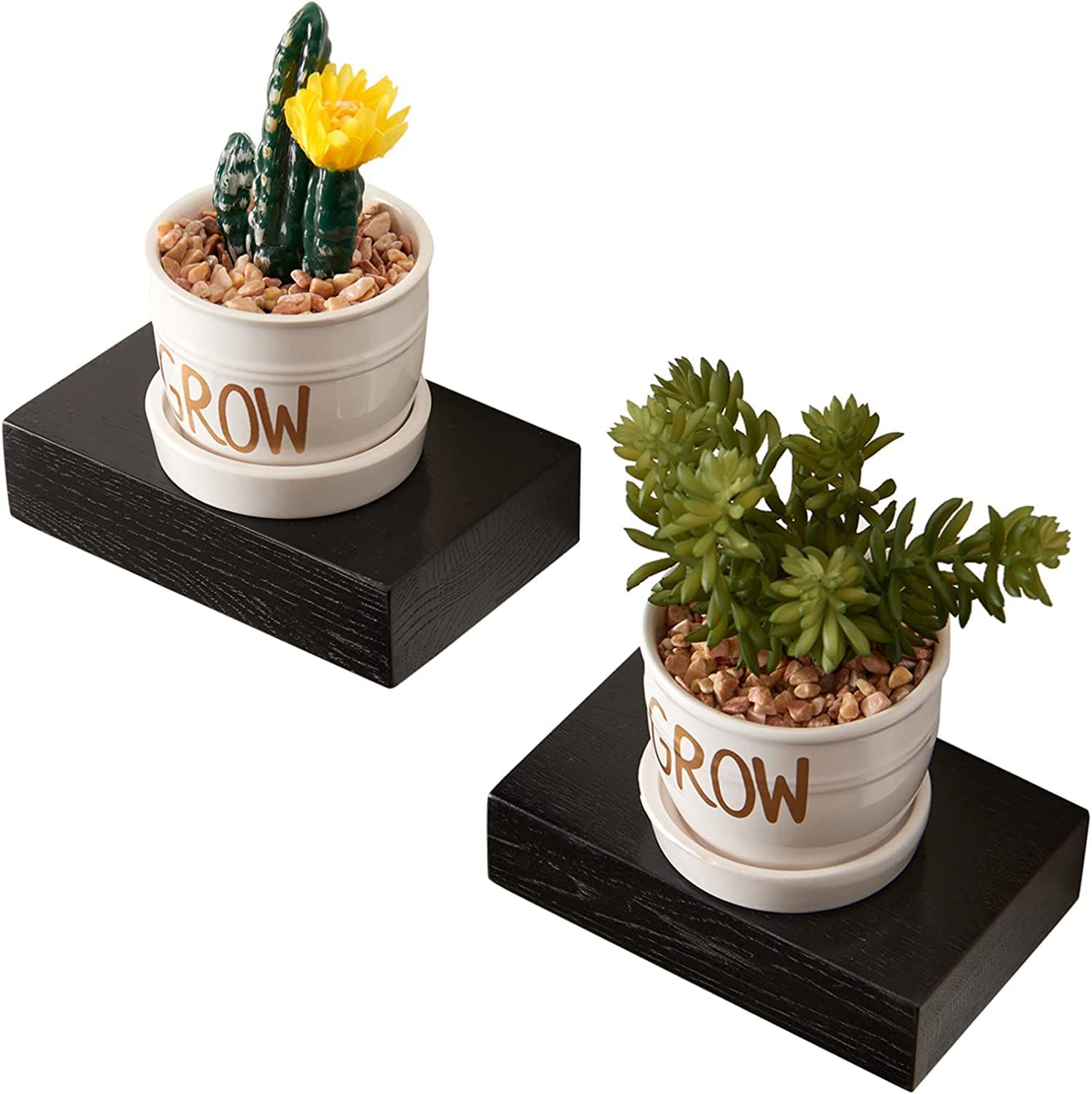 OAKERLAND Small Oak Floating Shelves Black, 2PC Wooden Mini Wall Shelves for Decor Plant, Little Oak Display Ledge for Living Room Bedroom