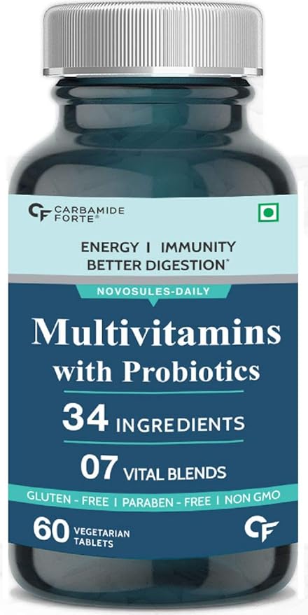 Carbamide Forte Multivitamin for Men & Women with 34 Ingredients in 7 Blends like Probiotics, Bone Health, Skin Health & Multi Minerals Supplement - 60 Veg Tablets