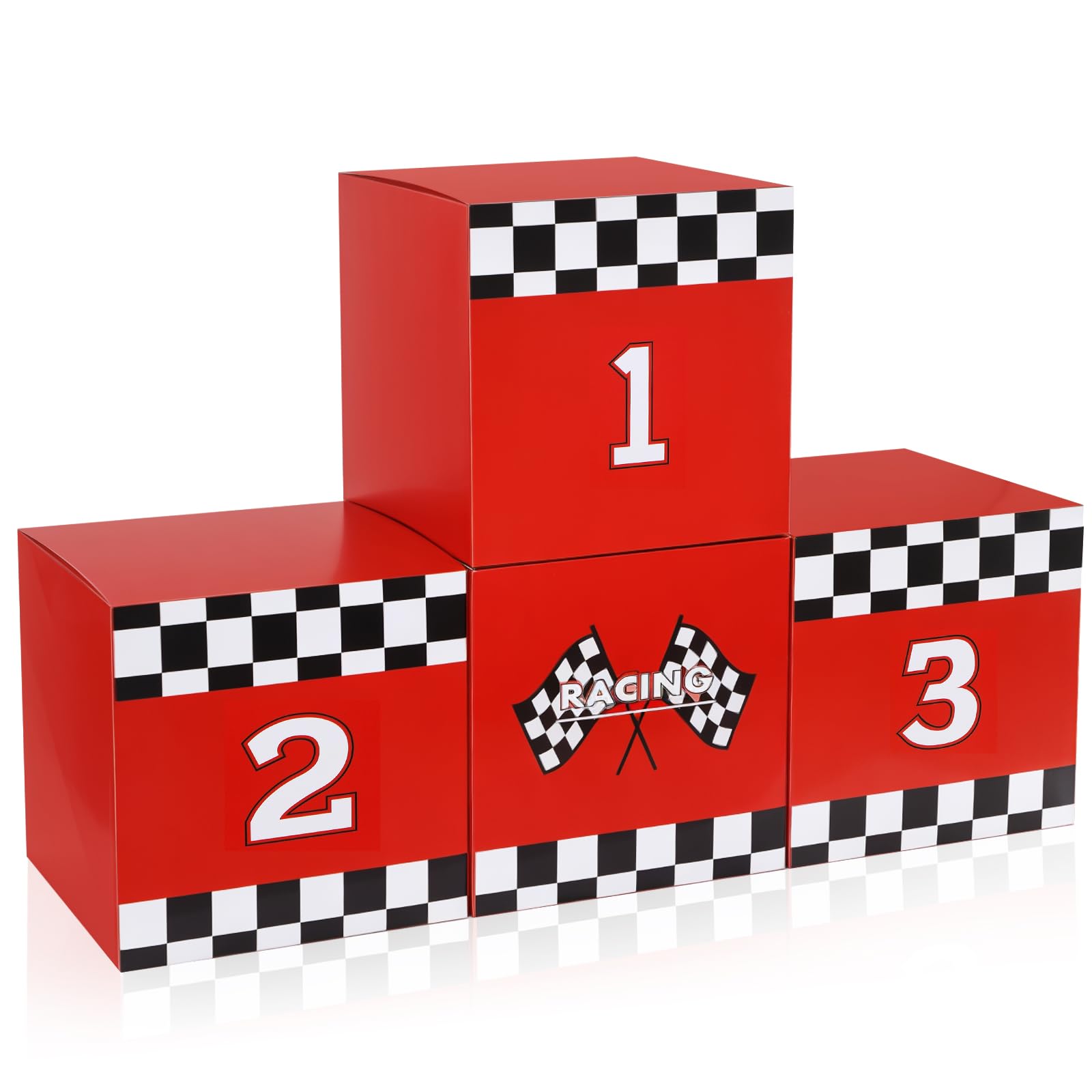 Photo 1 of Zhanmai 4 Pcs Large Racing Car Party Boxes 11.8 x 11.8 Inch Goodie Checkered Boxes for Birthday Decor Truck Theme Race Car Podium Centerpiece Decorations Cardboard Party Favors(Red)