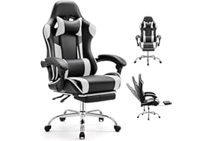 DUMOS Ergonomic Gaming Office Desk Chair with Footrest, Height Adjustable 360° Swivel Computer Video Game Chair with Headrest and Lumbar Support, Black White