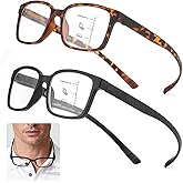 CARA 2 Pack Progressive Reading Glasses for Women Men Multifocus Blue Light Blocking Computer Readers, Around the Neck Hanging Frame with Flexible Spring Hinges Long Temples(Black+Tortoise, +2.50)