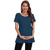 Smallshow Women's Maternity Shirts Tie Front Short Sleeve Pregnancy Tops Clothes