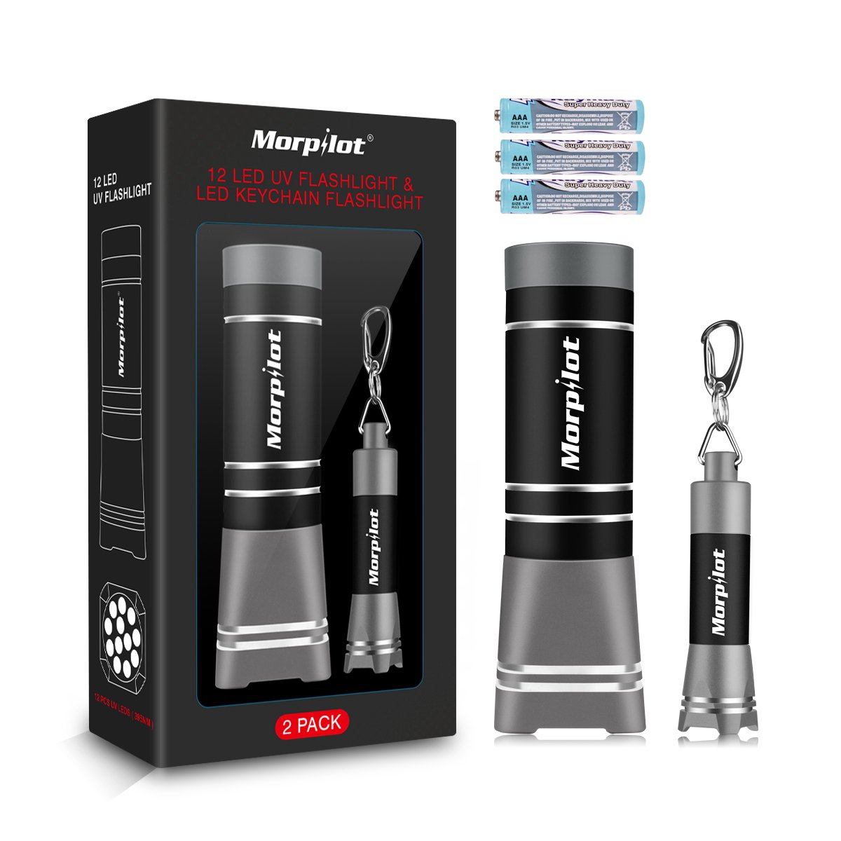 12 LED UV Flashlight Urine Detector - Morpilot Upgrade Ultraviolet Black Light Flashlight with Mini Keychain White Flashlight,for Detect Bed Carpet Bug Dog Urine Stain Scorpion