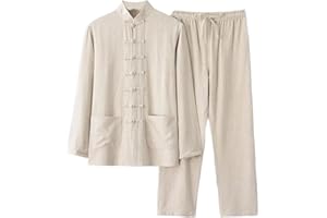 Cambkatl Men's Vintage Cotton Linen Tang Suit Chinese Traditional Mandarin Collar Kung Fu Shirts Long Sleeve Tai Chi Outfits