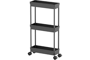 Sooyee 3-Tier Rolling Cart with Wheels, Slim Narrow Storage Cabinet, Under Desk Storage Organizer for Office, Bathroom, Kitchen, Laundry Room, Narrow Places, Black