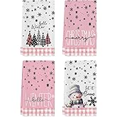 Fhasmy 4Pack Pink White Buffalo Plaid Snowman Xmas Trees Christmas Kitchen Towels Dish Towels, 18x26 Inch Daily Seasonal Hello Winter Decoration Hand Towels