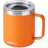 SUNWILL Insulated Coffee Mug with Lid, Travel Tumbler with Handle, 14 oz Stainless Steel Cup for Camping, Office, Home, Powder Coated Orange