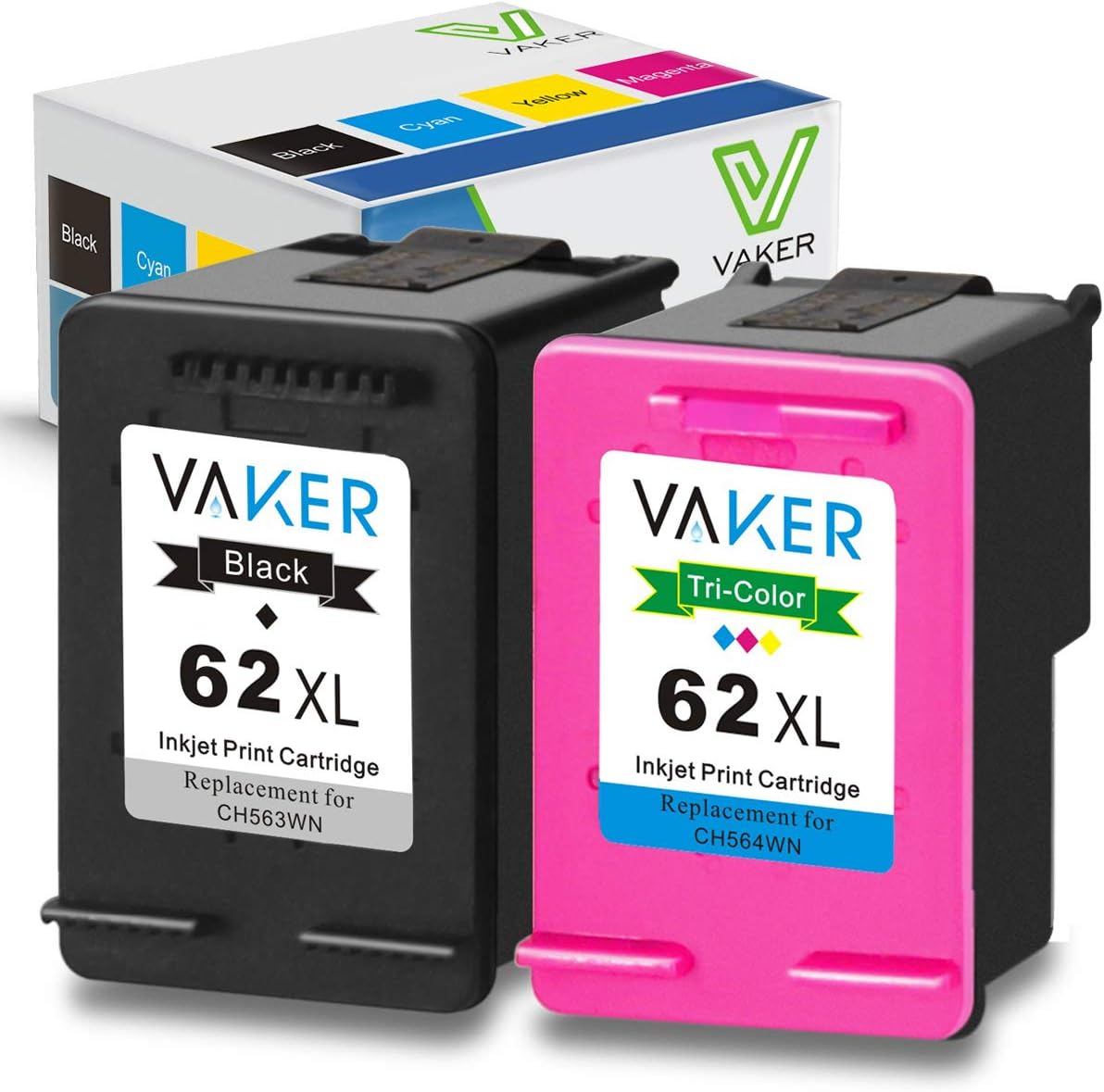 VAKER Remanufactured Ink Cartridge Replacement for HP 62XL 62 XL Compatible with Envy 7640 5660 5540 5640 5642 Officejet 5740 5743 8040 5745 OfficeJet 200 250 Mobile Printer (1 Black, 1 Tri-Color)