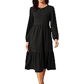 Seta T Women's Tiered Dresses Long Sleeve Round Neck Knit A-Line Casual Midi Dress with Pockets
