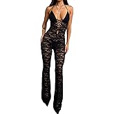 Molilove Women's Lace Jumpsuits Stretch See Through V Neck Drawstring Backless Flare Pants Rompers Sexy One Piece Outfits