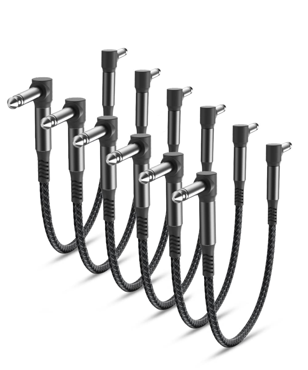 RUXELY Guitar Patch Cables 30CM 6-Pack,6.35MM Effects Pedal Board Cord,Nylon Braided 1/4" Right-Angle Instrument Audio Cable,Pedalboard Connector TS Copper Wire for Amp/Amplifier,Mixer,Electric Bass