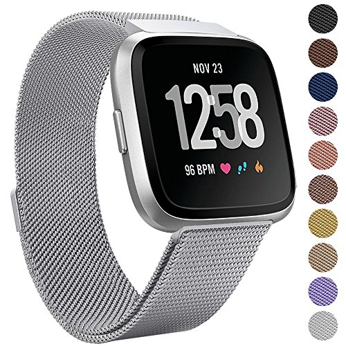 Onedream For Fitbit Versa Bands Silver, Large for Women Men, Milanese Replacement Wrist Smart Watch Band, Stainless Steel Metal Mesh Magnetic Sport Wristbands Bracelet Strap Accessories