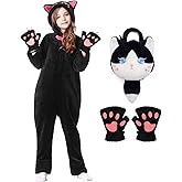 Resiwai Cat Costume for Girls and Boys, Animal Onesie Costumes with Bag and Cat Paws, Halloween Kitty Costume for Kids