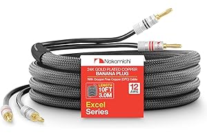 Nakamichi Excel Series 24k Gold Plated Banana Plug with (10 Feet) 12AWG Speaker Cable Wire 99.9% Oxygen-Free Copper (OFC) Heavy Duty Braided for Amplifier Hi-Fi Home Theatre - Black (10ft/3.0m)