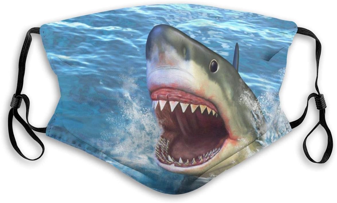 NOT Face Mask Adjustable Earloops Breathable Reusable Outdoor Mouth Cover Dust Mask for Adults Kids - White Shark Jumping Out of Water with Its Open