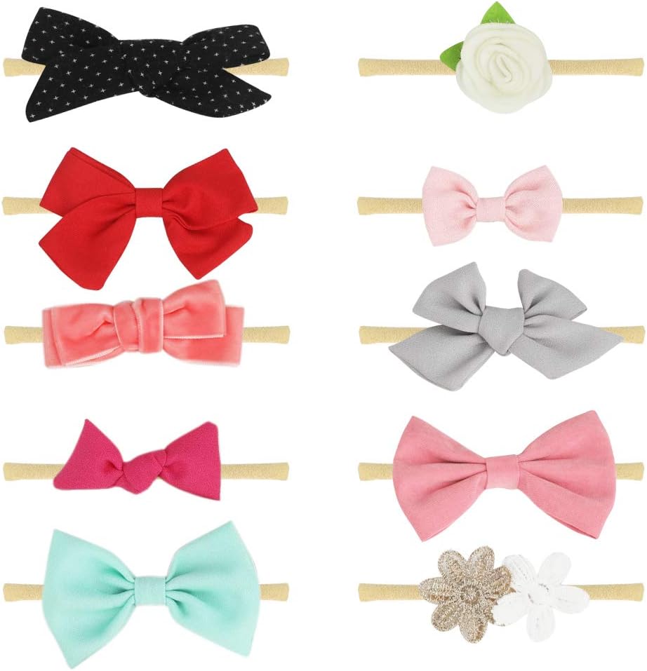 Baby Girl Headbands and Bows for Newborn Toddler Girls,Nylon Headbands,Hair Accessories 10Pcs Mix Style