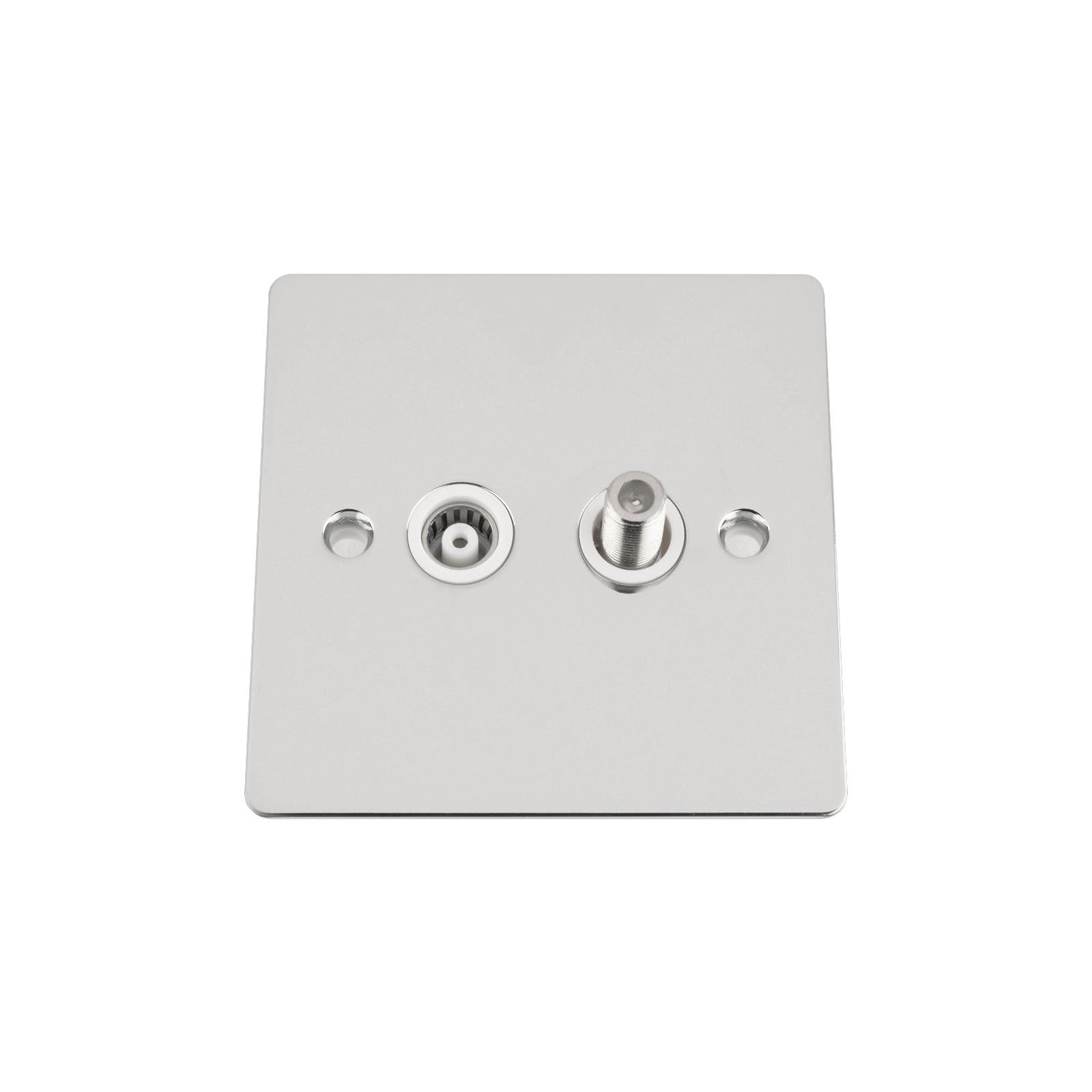TV Aerial + Sky Satellite Wall Socket - Polished Chrome Flat - White Insert