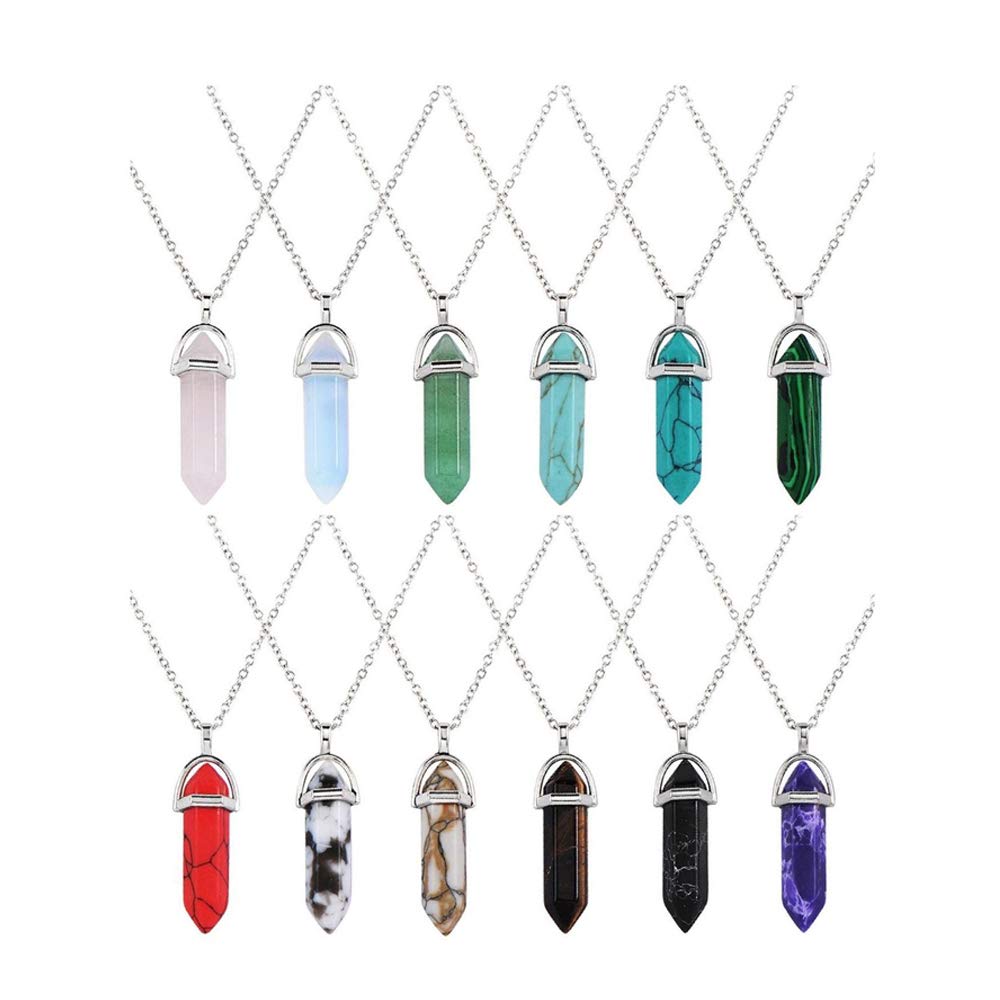Suithink 12pcs Hexagonal Crystal Points Stone Pendants Necklaces for Mother's Day, Birthday, Thanksgiving, Christmas etc.