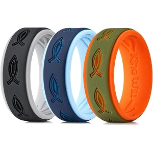 King Will 8mm Width 2.3mm Thick 3 Pack Silicone Wedding Ring for Men | Pattern Lasered Hypoallergenic Flexible Rubber Band, C
