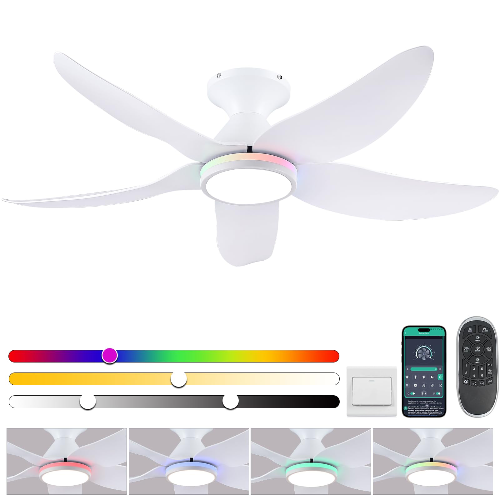 Photo 1 of 46" Ceiling Fans with Lights Remote/APP Control, Low Profile Ceiling Fans with Dimmable White Colors+Ring RGB Lights, 6 Speeds 5 Reversible Curved Blades for Kids Room Bedroom Living Room Bar, White