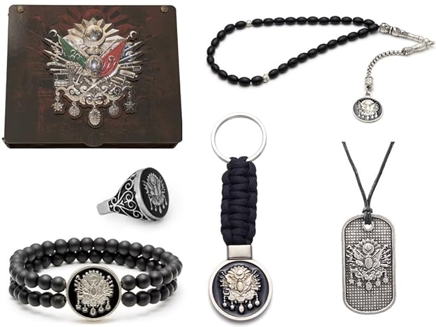 Gök-Türk Handgemachte Schatulle Schmuck Set Gravur GRATIS 'Osmanische Tugra' Abdulhamid: Set aus Halskette, Ring, Armband, Ge