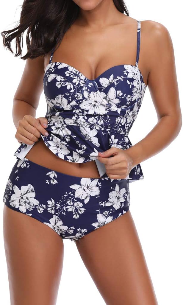 UKLoving Women's Plus Size Floral Halter Tankini Bathing Two Piece Set High Waist Ladies One Piece Swimsuit Swimming Bikini Swimwear Bathing Monokini Push Up Padded Bikini