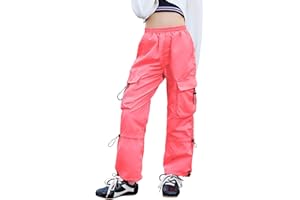 Perfashion Cargo Pants for Girls Hip Hop Dance Metallic Y2K Neon Drawstring Parachute Wide Leg Jogger 4-13Y