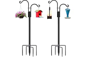 STAUKOK Double Shepherds Hooks for Outdoor 2 Pack 76 Inch New Version Bird Feeder Pole with 5 Prongs Base, Heavy Duty Garden Hook for Hanging Plant, Lantern, Hummingbird Feeder