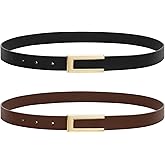 SANSTHS 2 Pack Skinny Leather Belts for Women, Ladies Thin Waist Belt for Dresses Jeans Pants with Gold Buckle