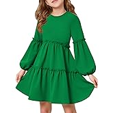 Girls Lantern Long Sleeve Dress Kids Flowy Tiered Ruffle Crewneck A-Line Fall Dresses 5-14 Years