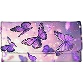 AFPANQZ Bling Butterflies Long Clutch Women Wallet Soft Leather Designer Trifold Multi Card Organizer Phone Holder Lady Purse Buckle Zipper Coin Pocket Pink