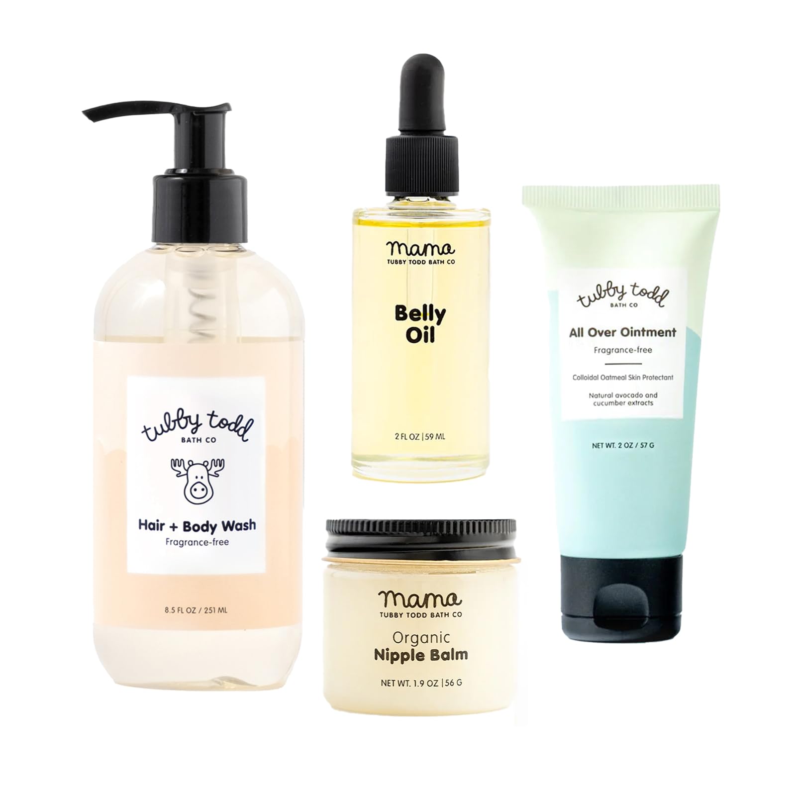 TUBBY TODD New Baby & Mom Sensitive Skincare Kit - The Mama + Baby Gift Set - Baby Shampoo and Body Wash 8.5 Oz, All Over Ointment 2 Oz, Belly Oil 2 Fl Oz & Nipple Balm 1.9 Oz - Fragrance-Free