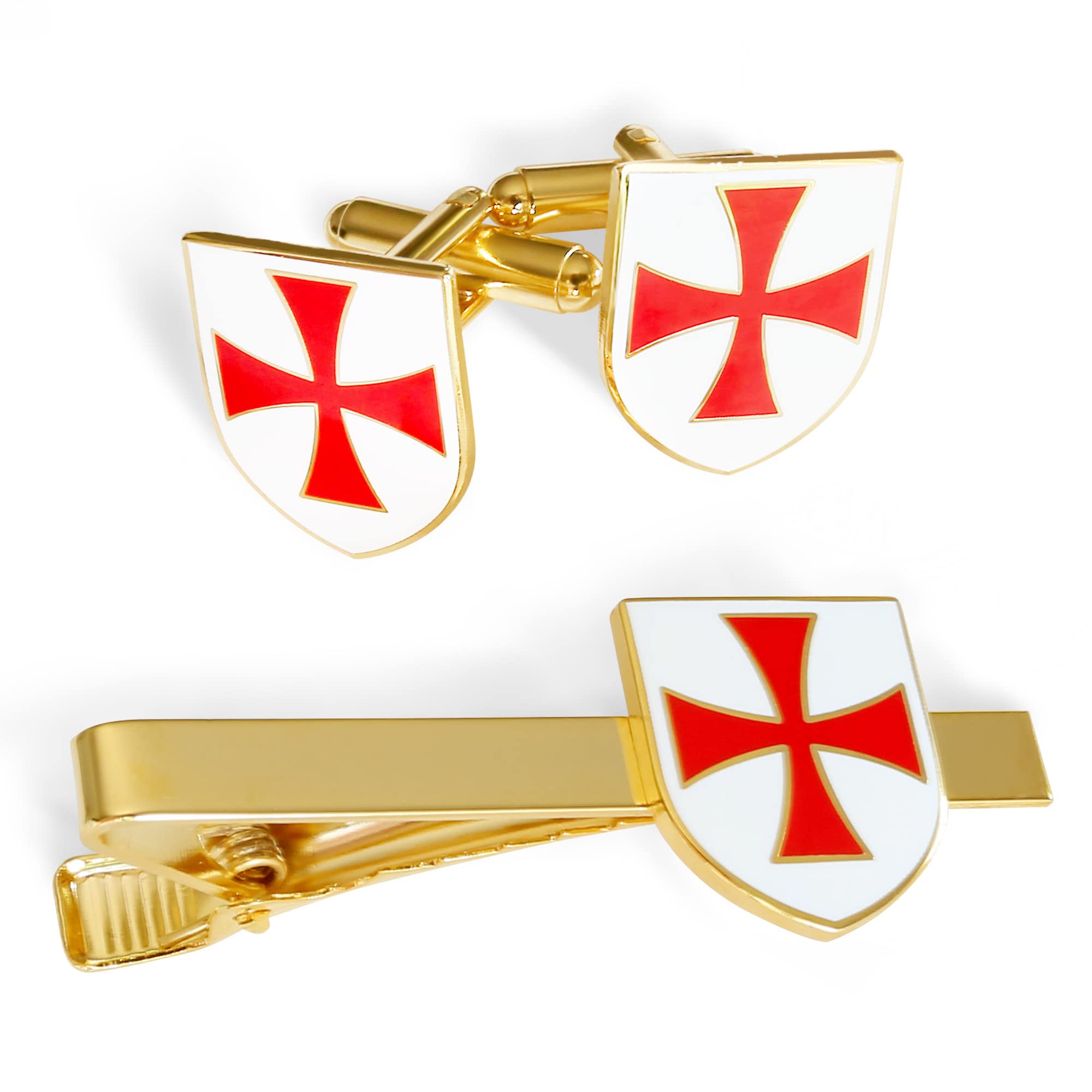 THE MASONIC COLLECTION - Knights Templar Gold Cufflinks & Tieslide Set for Men - Red & White Enamel Coating - Comes in Velvet Pouch/Cufflink Box - Freemason Gifts for Men