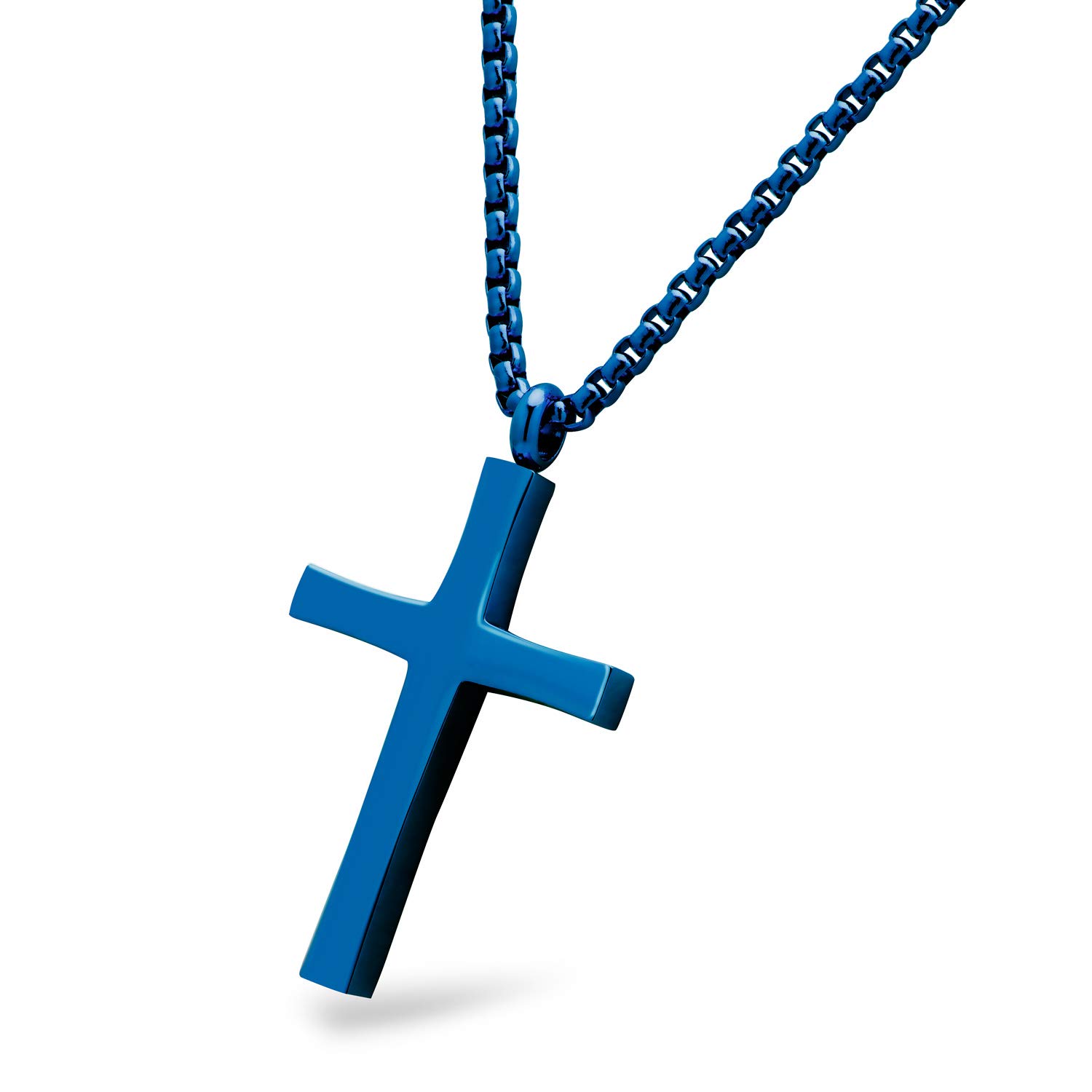 555Jewelery Stainless Steel Metal Cross Men Women Unisex Adjustable Rolo Chain Religious Christian Prayer Vintage Simple Fashion Jewelry Accessory Chain Pendant Necklace, Blue 20 Inch