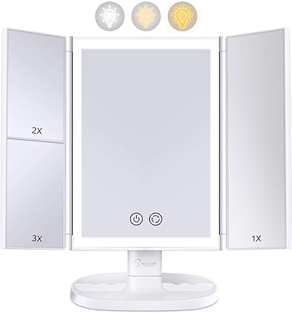 Makeup Mirror Bestope 72 Led Lighted Vanity Mirror Trifold Cosmetic Mirror With 3 Lighting Modes 2x 3x Magnification 2 Touch Sensor Switches Amazon Co Uk Kitchen Home